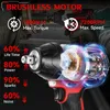 A close-up, cutaway view of a brushless motor impact wrench, highlighting its internal components and features with overlaid text and graphics. Voir les images du produit