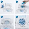 A four-panel image demonstrating the absorbency of a dog diaper by pouring blue liquid into it. Produktbild-Vorschau