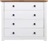 A front view of a white dresser with a wooden top and black knobs. Náhľad obrázku produktu