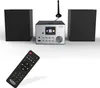A stereo system with two speakers, a central unit, and a remote control, displayed against a white background. Anteprima dell’immagine prodotto