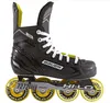 A single black inline hockey skate with yellow wheels is shown against a white background. Podgląd zdjęcia produktu