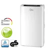 A white portable air conditioner unit is shown against a white background, with several certification logos and text labels to its left. Produktbild-Vorschau