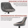 Two images of a bar stool, one showing the seat and the other showing the backrest, with descriptive text highlighting features. Produktbild-Vorschau