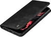 A black flip-style phone case is shown open, revealing a phone with a red abstract wallpaper. Produktbild-Vorschau