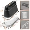 A collage of images showing a black steam iron, its accessories, and dimensions. Produktbild-Vorschau