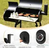 A charcoal grill with food cooking on it, shown from a side-angle, with close-up insets of specific features. Náhled obrázku produktu