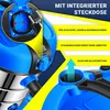 Close-up of a blue industrial vacuum cleaner with text overlays highlighting its features. Produktbild-Vorschau