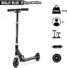 A black and blue scooter is shown against a white background, with various icons and text indicating product features and specifications. Náhľad obrázku produktu