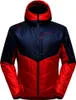 Rote und dunkelblaue La Sportiva Mythic Primaloft Jacke mit Kapuze und Reißverschluss vorne