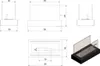 Technical drawings and a 3D render of a table-top fireplace. Náhľad obrázku produktu
