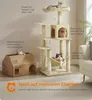A cat tree with multiple levels and cats on it, next to a cardboard cat house. Text describes features and models. Produktbild-Vorschau