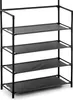 A black, multi-tiered shoe rack with fabric shelves. Náhled obrázku produktu
