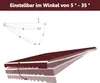 Diagrams and a perspective view of an awning showing its adjustable angle and structure. Podgląd zdjęcia produktu