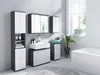 A modern bathroom vanity with a sink, cabinets, and a tall storage unit. Produktbild-Vorschau
