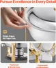 A collage of images showcasing features of a chafing dish set, including a hand touching the rolled edge, a close-up of the base with a fuel holder, and a view of the lid placement. Produktbild-Vorschau