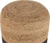 A close-up view of the top and side of a round pouf made of woven jute and a dark fabric band. Náhled obrázku produktu