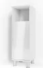 A white, high-gloss cabinet with a single door and an open shelf at the top, standing on four silver legs against a white wall. Podgląd zdjęcia produktu