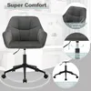 A dark gray office chair with a black base and wheels, shown in a room with a desk and shelves in the background. Insets highlight features like the backrest, height adjustment, and base. Produktbild-Vorschau