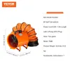 An orange industrial fan with an orange flexible duct attached, shown with dimensions and product specifications. Náhled obrázku produktu