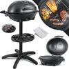 A collage of images showing an electric grill and its components, including a thermometer, a drip tray, and a disassembled grill base and lid. Produktbild-Vorschau