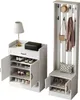 A white shoe cabinet and a white coat rack are shown against a white background. Produktbild-Vorschau