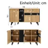 A diagram showing the dimensions of a wooden sideboard with black accents. Voir les images du produit