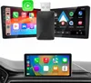 Collage showing a wireless CarPlay USB adapter with two car infotainment screens displaying app interfaces, and a third screen integrated into a car dashboard. Podgląd zdjęcia produktu