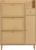 A front view of a wooden shoe cabinet with cane detailing on the doors. Produktbild-Vorschau