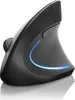 A black vertical mouse with blue LED lighting is shown against a white background. Produktbild-Vorschau