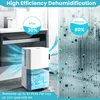 A dehumidifier is shown in a bathroom setting, with graphics illustrating its effectiveness. Produktbild-Vorschau