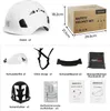 A collage of images showing a safety helmet and its accessories, along with packaging and instructional leaflets. Produktbild-Vorschau