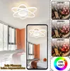 A modern LED ceiling light is shown in a bedroom setting, with a smartphone displaying a reflection of the light and a comparison of light quality. Náhľad obrázku produktu