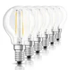 A row of clear LED filament light bulbs with silver bases, arranged diagonally against a white background. Produktbild-Vorschau