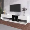 A modern white lowboard TV stand with black accents, featuring a television mounted on a light gray marble-patterned wall. Produktbild-Vorschau