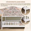 A white wooden house bed with a floral wallpaper background and close-up insets showing adjustable legs. Produktbild-Vorschau