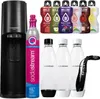 A collection of SodaStream products including a black Terra machine, a pink CO2 cylinder, three clear reusable bottles, and several flavored syrup bottles. Anteprima dell’immagine prodotto
