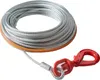 A coiled steel cable with a red swivel hook attached to one end, presented on a white background. Náhled obrázku produktu