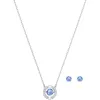 A silver necklace with a blue pendant and matching blue earrings are displayed on a white background. Produktbild-Vorschau
