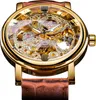 A close-up studio shot of a men's automatic watch with a skeleton dial and a brown leather strap. Produktbild-Vorschau
