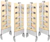 Four identical wooden and metal flammlachsbretter (salmon planks) are displayed from different angles against a white background. Produktbild-Vorschau