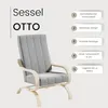 A grey armchair with wooden legs, presented with feature callouts. Podgląd zdjęcia produktu
