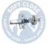 A close-up of a soft-close hinge with text overlay. Produktbild-Vorschau