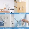 A collage of four images showing adhesive hooks used in different rooms. Produktbild-Vorschau