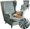 A grey wingback chair with a small dog on the seat. Inset images show the chair cover and a close-up of the fabric. Podgląd zdjęcia produktu