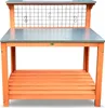 A wooden potting table with a metal top and a grid back with hooks. Anteprima dell’immagine prodotto