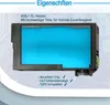 A close-up of a printer ink cartridge filled with blue ink, with descriptive text and checkmarks highlighting its features. Produktbild-Vorschau