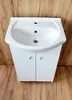 A white bathroom vanity with a sink is shown against a wooden background. Anteprima dell’immagine prodotto