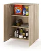 A wooden cabinet with its doors open, displaying various cleaning and personal care products on its shelves. Voir les images du produit