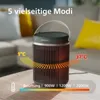 A Philips portable heater is shown on a table in a living room setting, with sofas in the background. Text overlays indicate different modes and temperature settings. Podgląd zdjęcia produktu