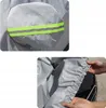 Collage showing close-ups of a gray car cover, one with reflective stripes and another being held by hands. Produktbild-Vorschau